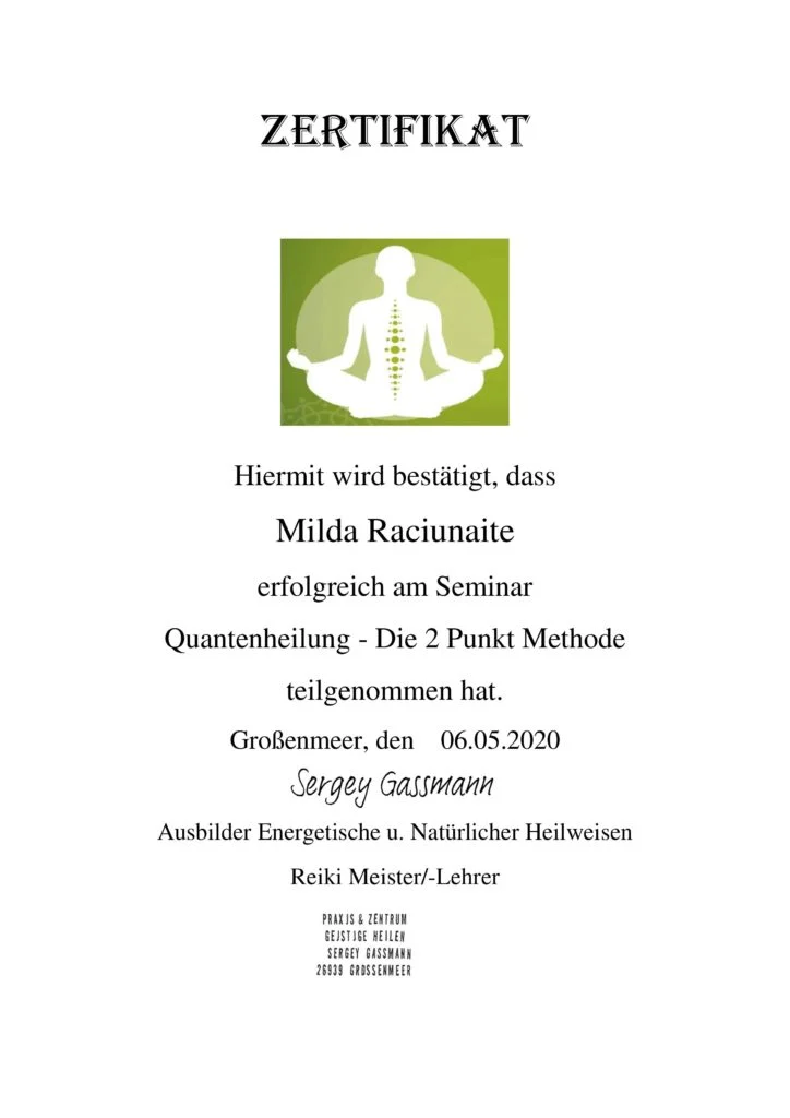 Mildos Račiūnaitės dalyvavimo seminare „Quantenheilung – Die 2 Punkt Methode“ pažymėjimas, Sergey Gassmann, Großenmeer, 2020-05-06.