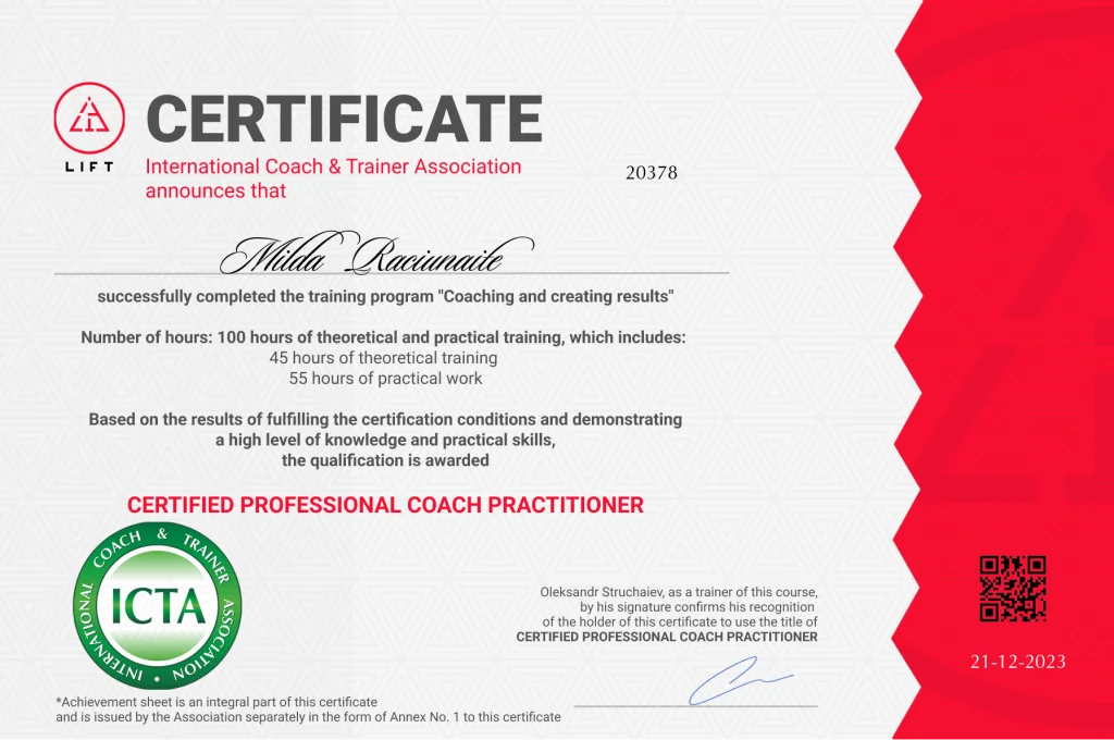 Mildos Račiūnaitės „Professional Coach Practitioner“ pažymėjimas, LIFT / International Coach & Trainer Association, 2023-12-21.