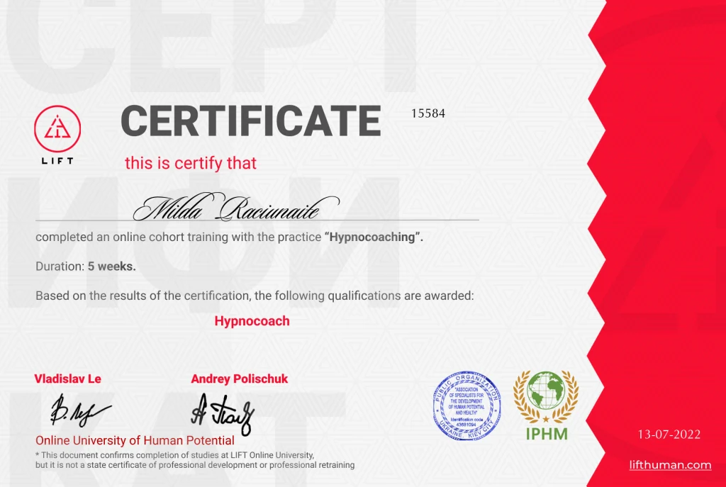 Mildos Račiūnaitės „Hypnocoach“ pažymėjimas, LIFT Online University of Human Potential, 2022-07-13.