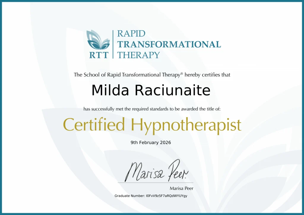 Mildos Račiūnaitės hipnoterapeutės sertifikatas, School of Rapid Transformational Therapy, pasirašė Marisa Peer, 2026-02-09.