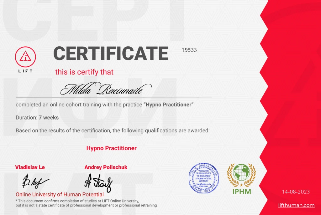 Mildos Račiūnaitės „Hypno Practitioner“ pažymėjimas, LIFT Online University of Human Potential, 2023-08-14.