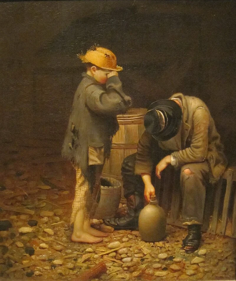 Paveikslas: berniukas šalia susikūprinusio vyro, prie kurio kojų stovi ąsotis.