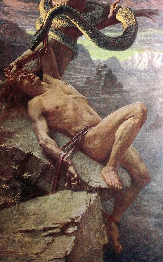 Paveikslas: prie uolos prikaustytas vyras, virš jo – gyvatė ir moteris su dubeniu.